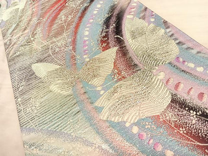 平和屋着物◎六通柄袋帯　花蝶文　銀糸　正絹　逸品　BAAW7043qw