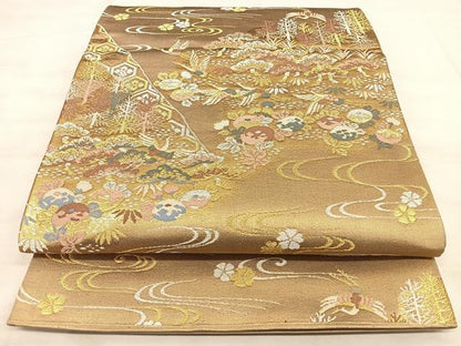 平和屋着物◎六通柄袋帯 唐織 花鳥文 金糸 正絹 逸品 BAAW7051qw