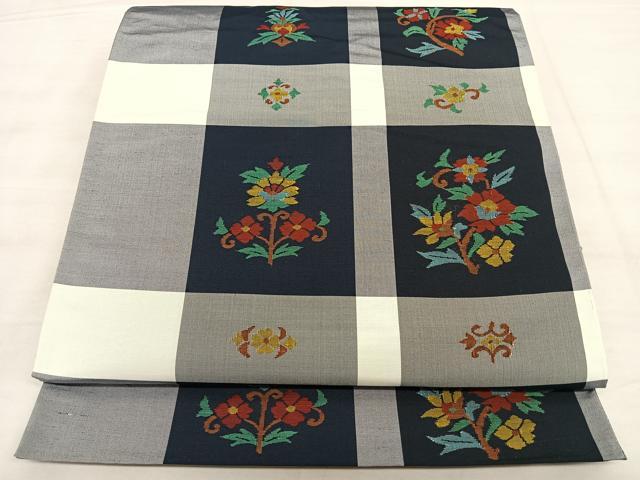 平和屋着物◎六通柄袋帯　紬地　変わり市松文　正絹　逸品　BAAW7059qw