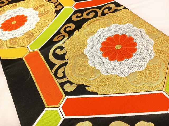 平和屋着物◎六通柄袋帯　唐織　亀甲花唐草文　黒地　金銀糸　正絹　逸品　BAAW7070qw