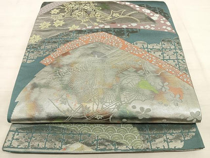 平和屋着物◎六通柄袋帯 扇面御所車文 金銀糸 正絹 逸品 BAAW7072qw