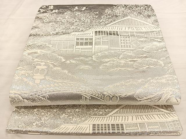 平和屋着物◎六通柄袋帯　唐織　風景文　プラチナ銀箔二重織　正絹　逸品　BAAW7089qw