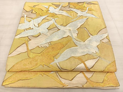 平和屋着物◎西陣　服部織物謹製　六通柄袋帯　白鳥緞子　飛鶴文　正絹　逸品　BAAW7097qw
