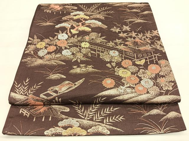 平和屋着物◎六通柄袋帯　風景草花文　金銀糸　正絹　逸品　BAAW7109qw