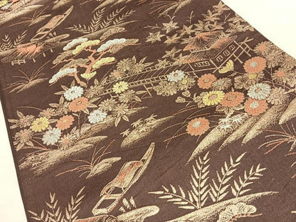 平和屋着物◎六通柄袋帯　風景草花文　金銀糸　正絹　逸品　BAAW7109qw