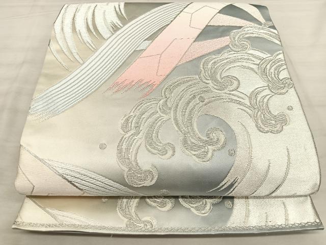 平和屋着物◎六通柄袋帯 唐織 立波片輪車文 銀糸 正絹 逸品 BAAW7121qw