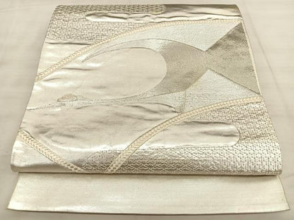 平和屋着物◎太鼓柄袋帯　総刺繍　駒刺繍　地紙飛鶴文　銀糸　引箔　正絹　逸品　BAAW7122qw