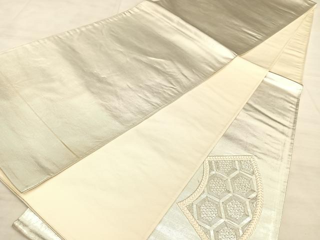 平和屋着物◎太鼓柄袋帯　総刺繍　駒刺繍　地紙飛鶴文　銀糸　引箔　正絹　逸品　BAAW7122qw