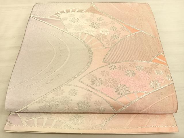 平和屋着物◎六通柄袋帯　扇面花文　銀糸　正絹　逸品　BAAW7124qw