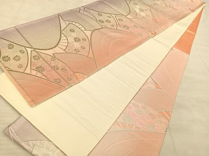 平和屋着物◎六通柄袋帯　扇面花文　銀糸　正絹　逸品　BAAW7124qw