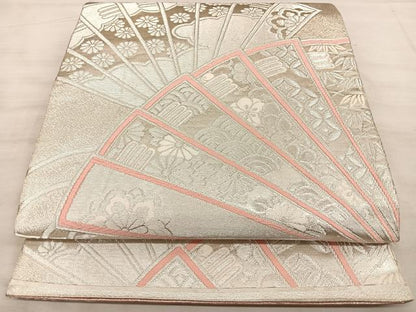 平和屋着物◎両面　全通柄袋帯　唐織　檜扇文　銀糸　正絹　逸品　BAAW7136qw