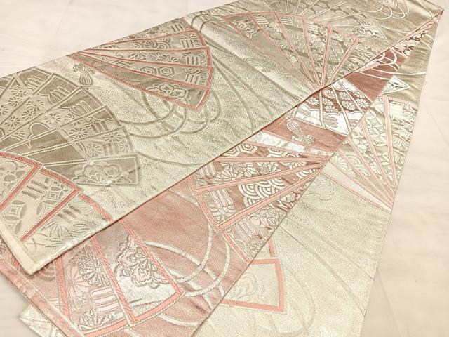 平和屋着物◎両面　全通柄袋帯　唐織　檜扇文　銀糸　正絹　逸品　BAAW7136qw