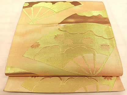 平和屋着物◎六通柄袋帯　扇面花文　金糸　正絹　逸品　BAAW7137qw