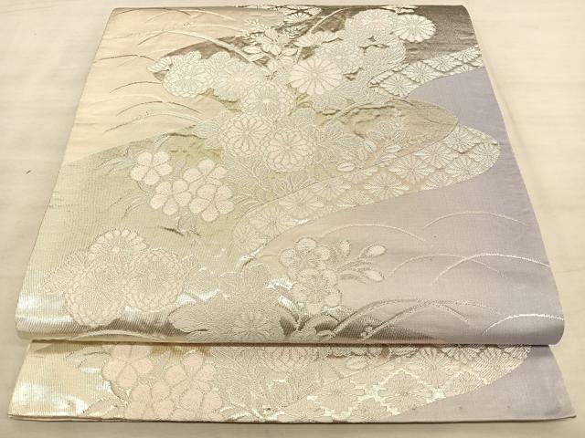 平和屋着物◎六通柄袋帯　霞草花文　銀糸　正絹　逸品　BAAW7144qw