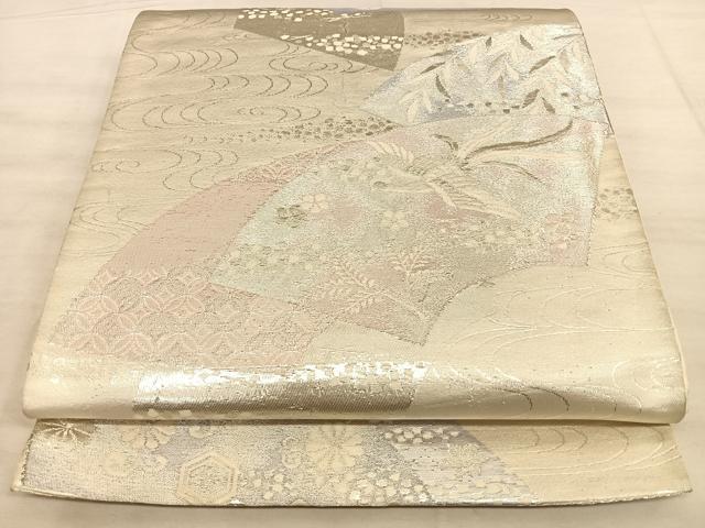 平和屋着物◎六通柄袋帯　流水地紙鳳凰文　銀糸　正絹　逸品　BAAW7147qw