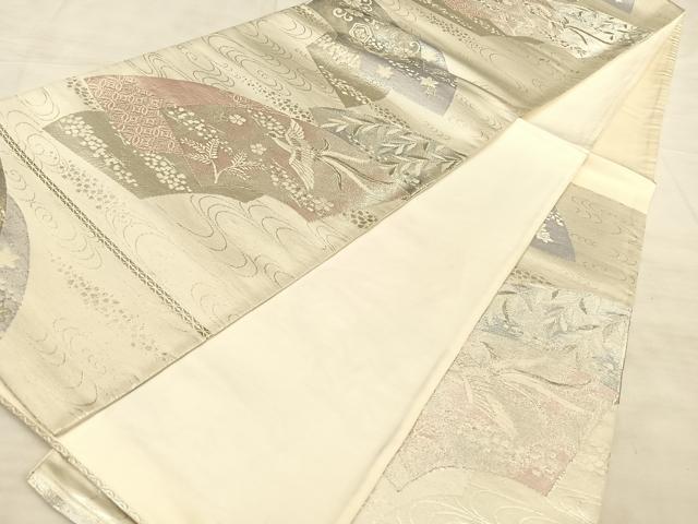 平和屋着物◎六通柄袋帯　流水地紙鳳凰文　銀糸　正絹　逸品　BAAW7147qw