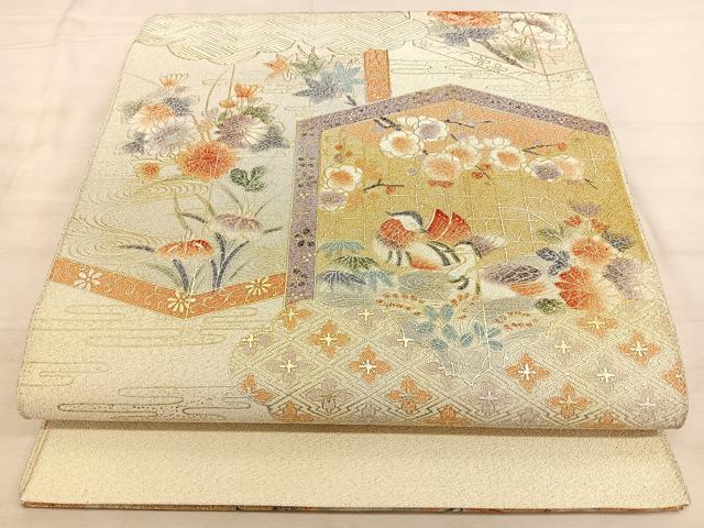 平和屋着物◎太鼓柄袋帯　綴れ　屏風花鳥文　金銀彩　正絹　逸品　BAAW7153qw