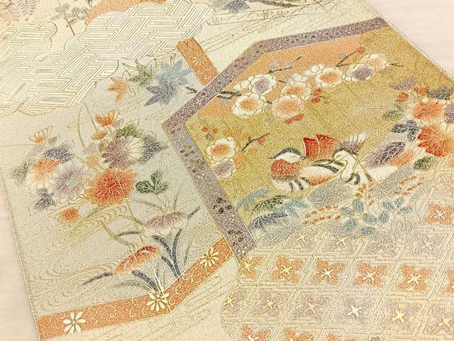 平和屋着物◎太鼓柄袋帯　綴れ　屏風花鳥文　金銀彩　正絹　逸品　BAAW7153qw