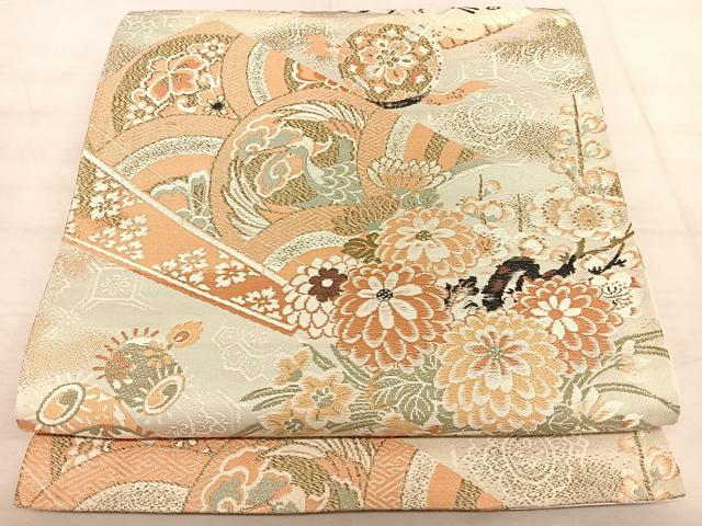 平和屋着物◎全通柄　京袋帯　引き抜き帯　絵巻花鳥文　金銀糸　正絹　逸品　BAAW7154qw