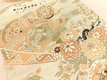 平和屋着物◎全通柄　京袋帯　引き抜き帯　絵巻花鳥文　金銀糸　正絹　逸品　BAAW7154qw