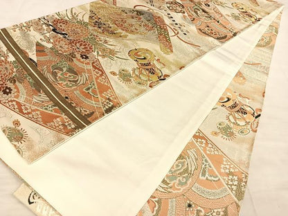 平和屋着物◎全通柄　京袋帯　引き抜き帯　絵巻花鳥文　金銀糸　正絹　逸品　BAAW7154qw