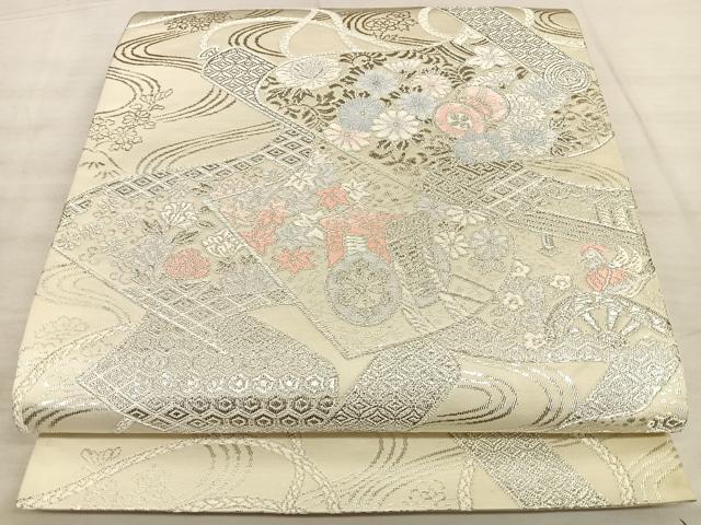 平和屋着物◎六通柄袋帯　唐織　錦絵巻物文　手先長尺織　銀糸　正絹　逸品　BAAW7155qw