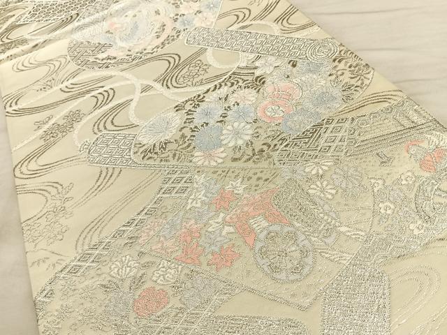 平和屋着物◎六通柄袋帯　唐織　錦絵巻物文　手先長尺織　銀糸　正絹　逸品　BAAW7155qw