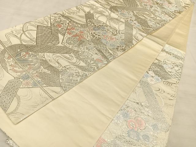 平和屋着物◎六通柄袋帯　唐織　錦絵巻物文　手先長尺織　銀糸　正絹　逸品　BAAW7155qw