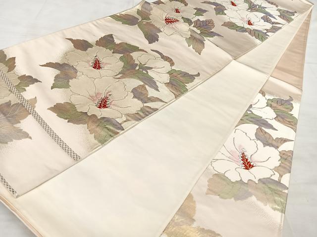 平和屋着物◎六通柄袋帯　唐織　牡丹　銀糸　正絹　逸品　BAAW7161qw