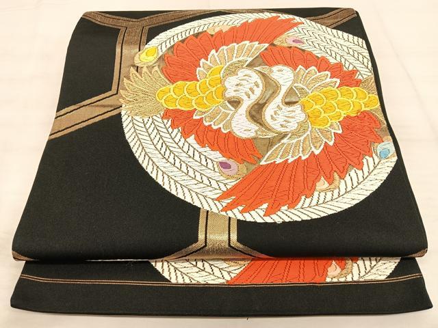 平和屋着物◎西陣 六通柄袋帯 唐織 鳳凰亀甲丸文 黒地 金糸 正絹 逸品 BAAW7162qw