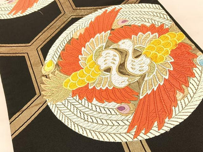 平和屋着物◎西陣 六通柄袋帯 唐織 鳳凰亀甲丸文 黒地 金糸 正絹 逸品 BAAW7162qw