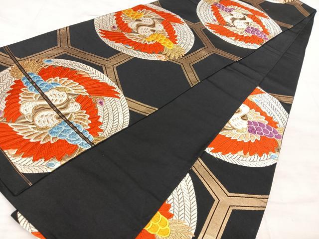 平和屋着物◎西陣 六通柄袋帯 唐織 鳳凰亀甲丸文 黒地 金糸 正絹 逸品 BAAW7162qw