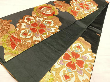 平和屋着物◎六通柄袋帯　唐織　正倉院花鳥文　黒地　金銀糸　正絹　逸品　BAAW7164qw