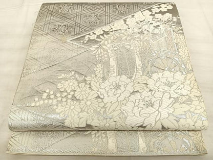 平和屋着物◎六通柄袋帯　唐織　美保姿　松皮菱御所車文　銀糸　正絹　逸品　BAAW7167qw