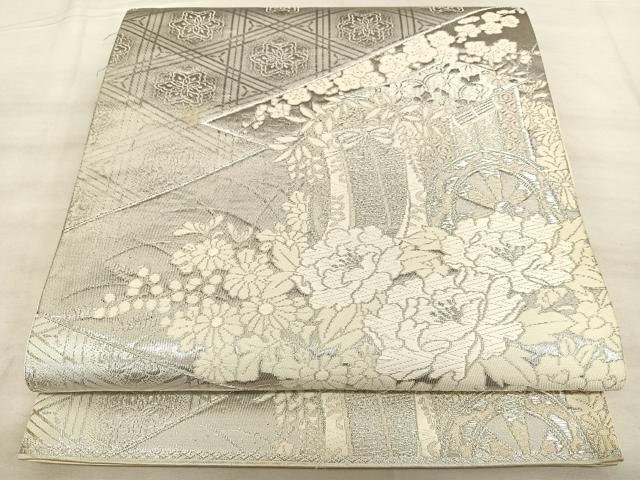 平和屋着物◎六通柄袋帯　唐織　美保姿　松皮菱御所車文　銀糸　正絹　逸品　BAAW7167qw