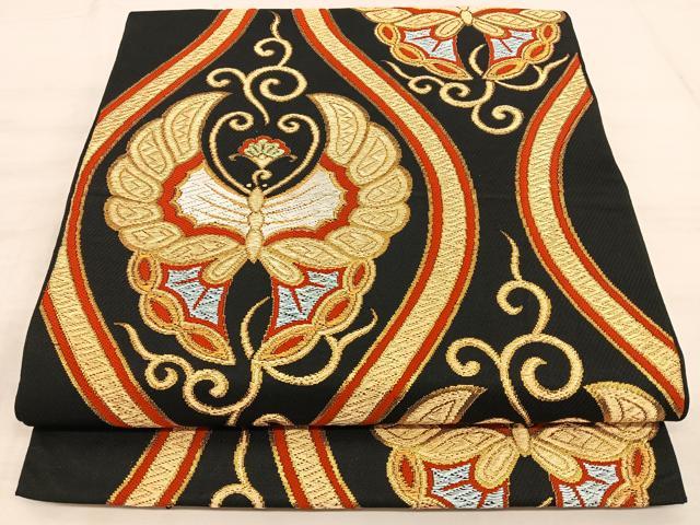 平和屋着物◎六通柄　本袋帯　唐織　立涌舞蝶文　黒地　金糸　正絹　逸品　BAAW7168qw