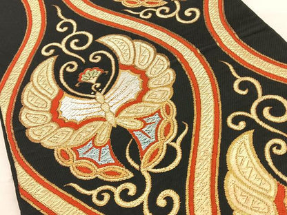 平和屋着物◎六通柄　本袋帯　唐織　立涌舞蝶文　黒地　金糸　正絹　逸品　BAAW7168qw