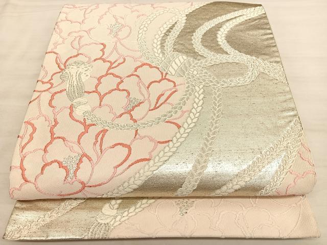 平和屋着物◎六通柄袋帯　唐織　結紐牡丹文　銀糸　正絹　逸品　BAAW7175qw