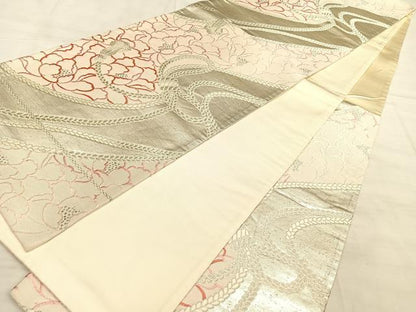 平和屋着物◎六通柄袋帯　唐織　結紐牡丹文　銀糸　正絹　逸品　BAAW7175qw