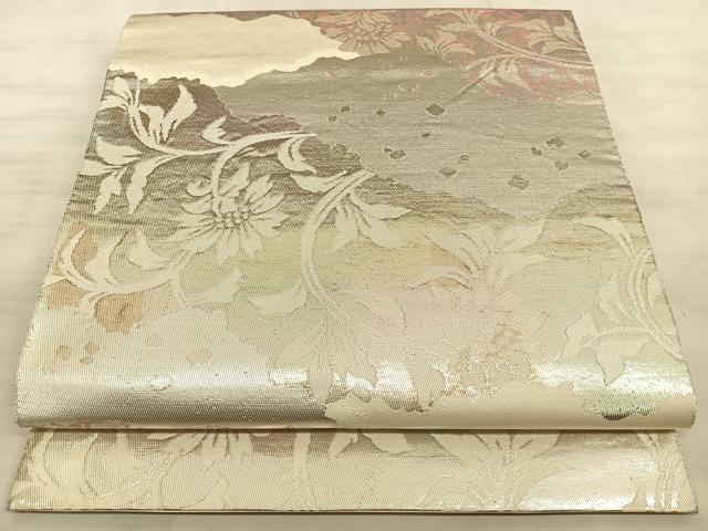 平和屋着物◎六通柄袋帯　道長更紗花文　銀糸　正絹　逸品　BAAW7193qw