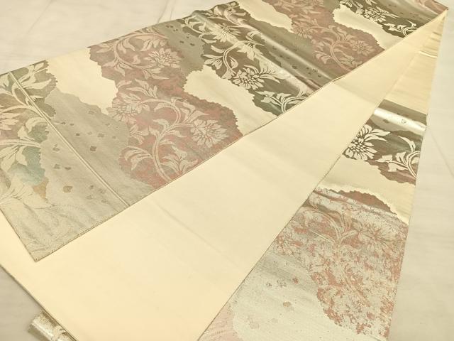 平和屋着物◎六通柄袋帯　道長更紗花文　銀糸　正絹　逸品　BAAW7193qw