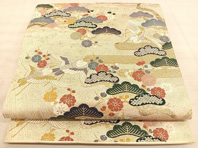 平和屋着物◎六通柄袋帯　唐織　飛鶴松梅文　金糸　正絹　逸品　BAAW7194qw