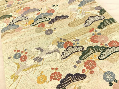 平和屋着物◎六通柄袋帯　唐織　飛鶴松梅文　金糸　正絹　逸品　BAAW7194qw