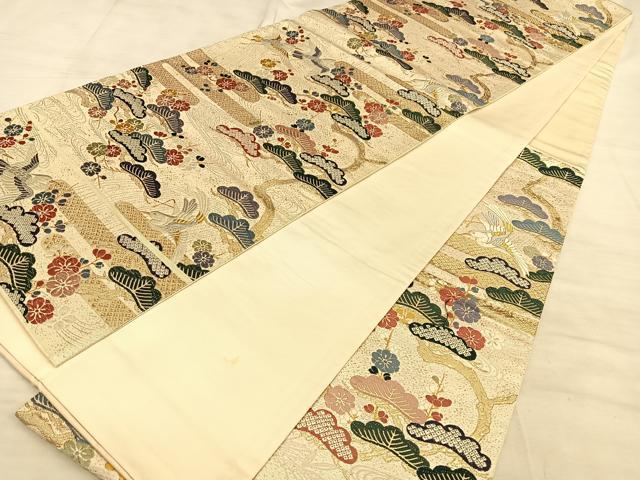 平和屋着物◎六通柄袋帯　唐織　飛鶴松梅文　金糸　正絹　逸品　BAAW7194qw