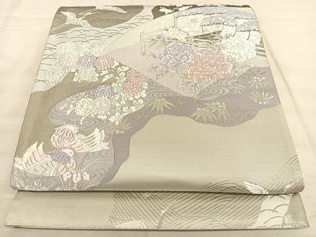 平和屋着物◎六通柄袋帯　唐織　道長流水鶴文　プラチナ箔　正絹　逸品　BAAW7201qw