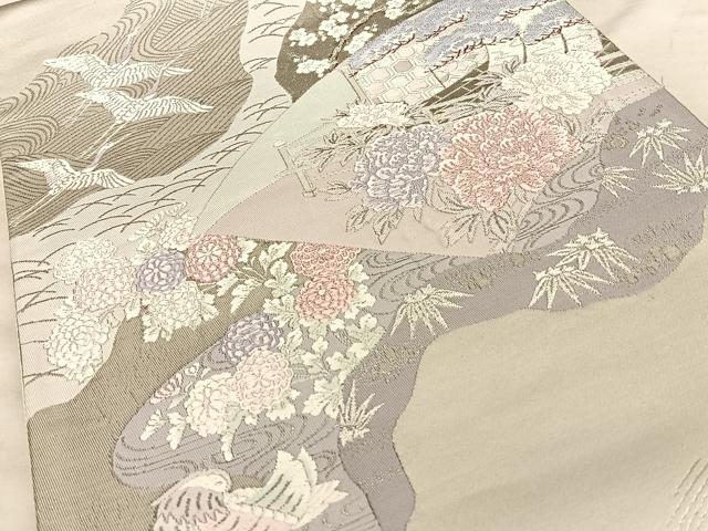 平和屋着物◎六通柄袋帯　唐織　道長流水鶴文　プラチナ箔　正絹　逸品　BAAW7201qw