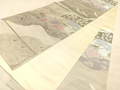 平和屋着物◎六通柄袋帯　唐織　道長流水鶴文　プラチナ箔　正絹　逸品　BAAW7201qw