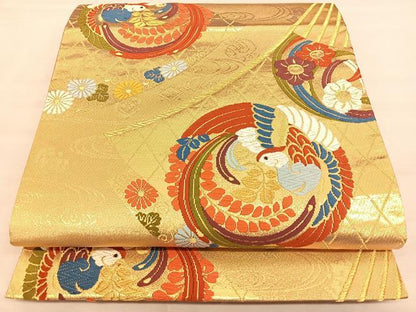 平和屋着物◎西陣　六通柄袋帯　唐織　松扇丸紋　金糸　正絹　逸品　BAAW7202qw
