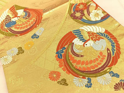 平和屋着物◎西陣　六通柄袋帯　唐織　松扇丸紋　金糸　正絹　逸品　BAAW7202qw
