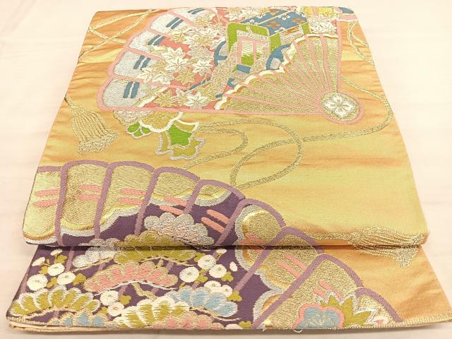 平和屋着物◎六通柄袋帯　唐織　檜扇御所車紋　金銀糸　正絹　逸品　BAAW7204qw